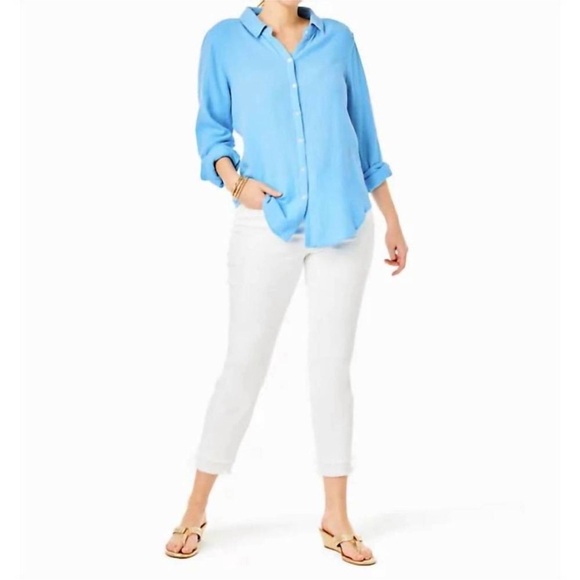 Lilly Pulitzer Frenchie Blue Geanie Button-Down Shirt, Size Medium - Picture 3 of 10